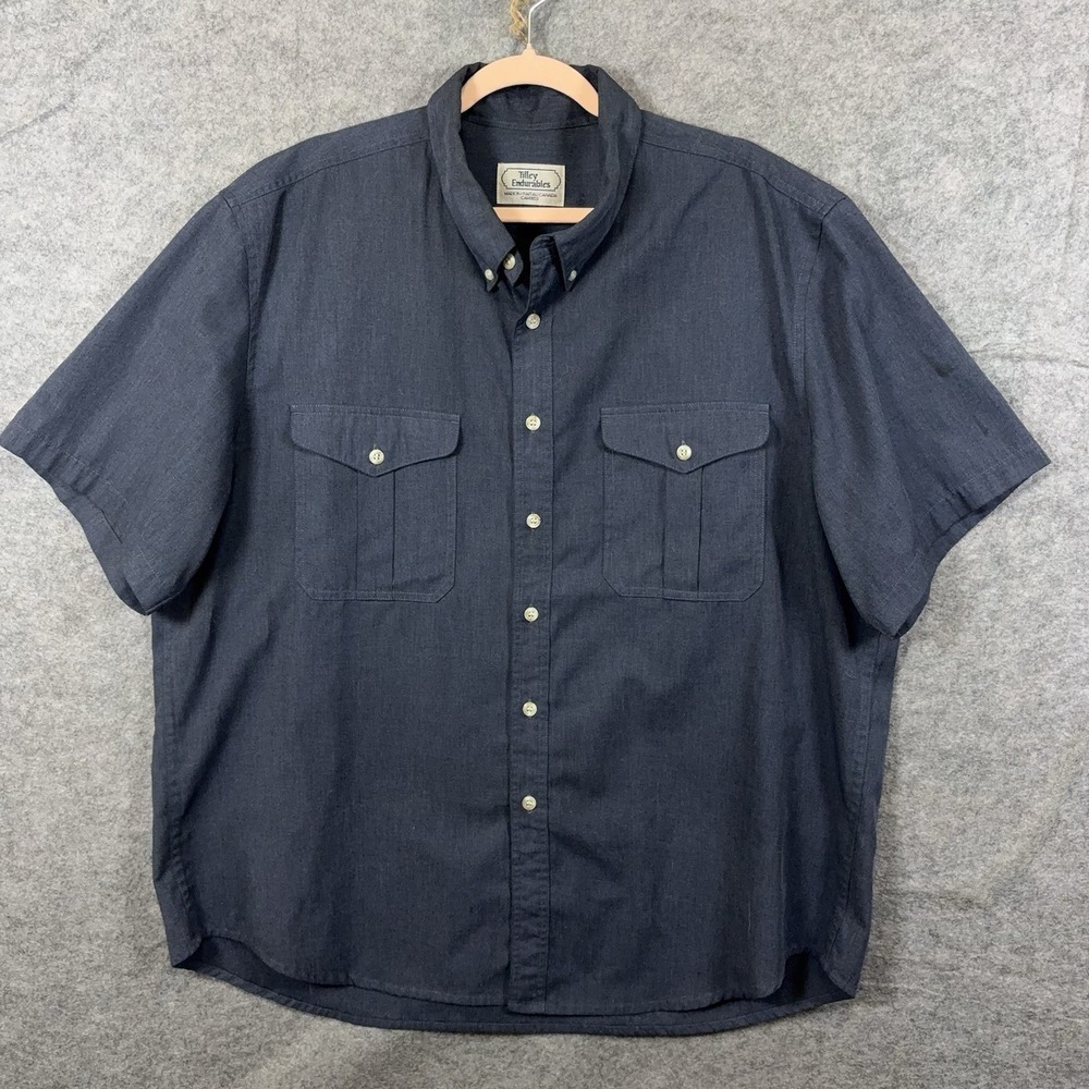 Tilley Endurables Safari Button Down Shirt Mens XXL Blue Pockets Short Sleeve